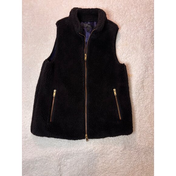 J.Crew Womens Black Sherpa Fleece Vest With Gold Zippers Size XS Cozy Outerwear - Picture 1 of 9